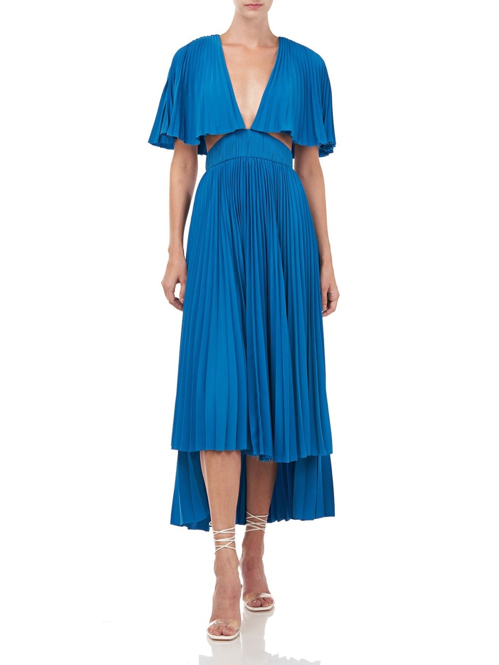 AMUR Dara Pleated Midi Dress Ocean Blue w Side Cutouts Sz 2